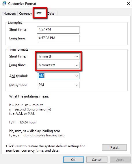 Step 5 of Changing the default time format in Windows 10